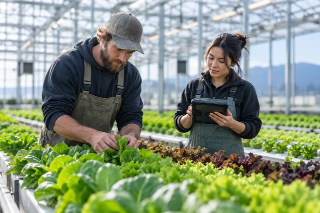 Representative greenhouse growers inspecting healthy crops.
