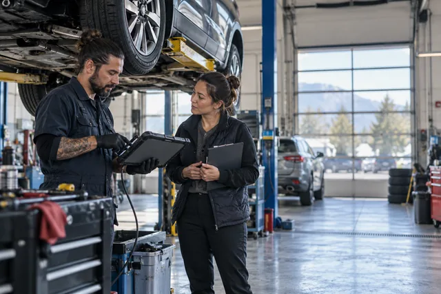 Representative automotive technician diagnosing a vehicle in a repair shop.