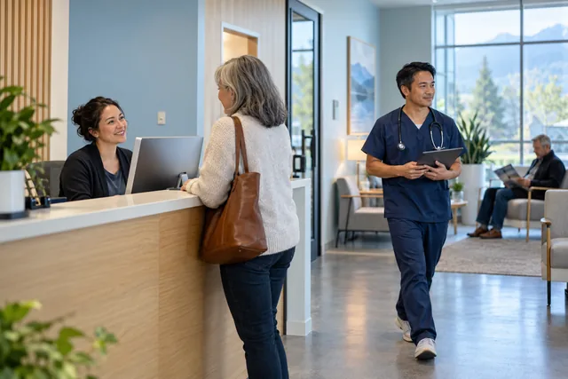 Representative healthcare professionals reviewing information together in a clinic.