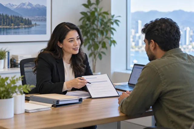Representative adviser helping an adult student review application materials in an office.