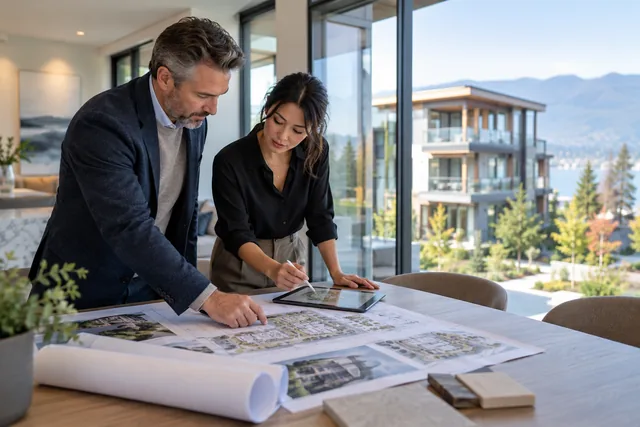 Representative property professional discussing a residential development with a client.