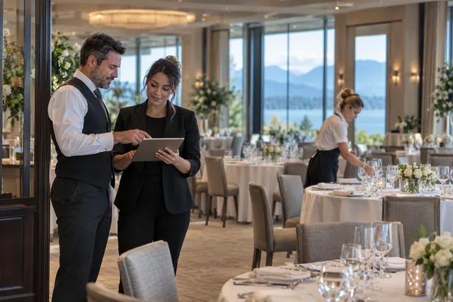 Representative restaurant manager and event coordinator preparing a banquet hall for a private event.