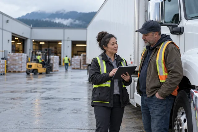 Representative logistics professionals reviewing a delivery plan beside a commercial truck.