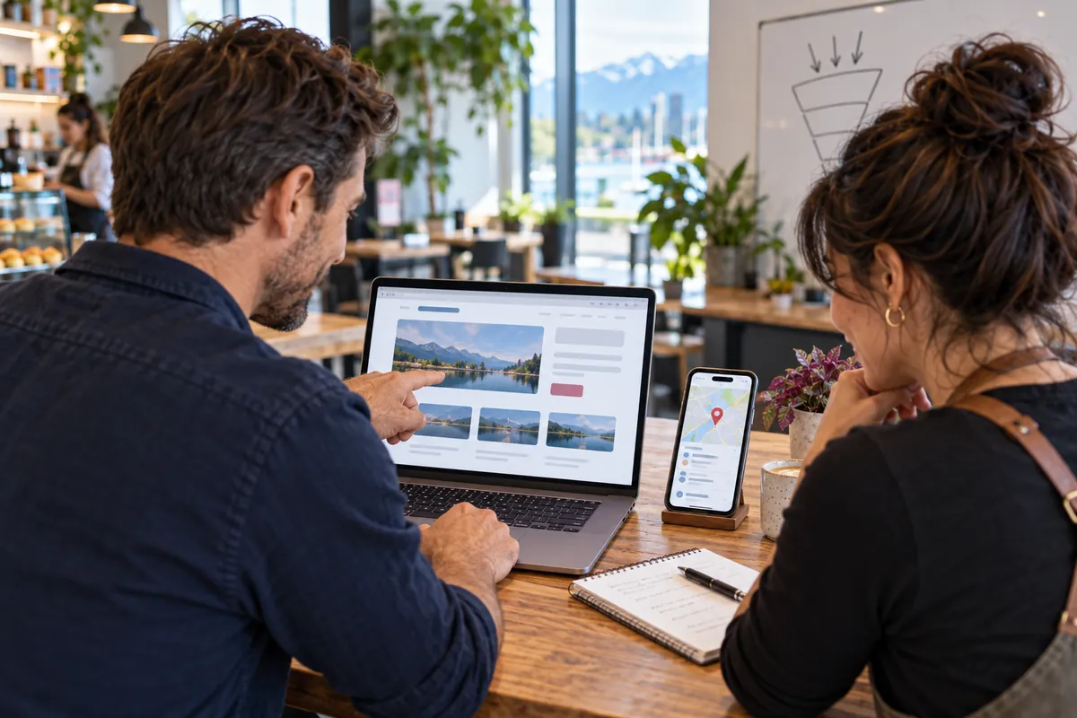 A Digital Allo consultant and a local business owner reviewing a new website and map listing together.