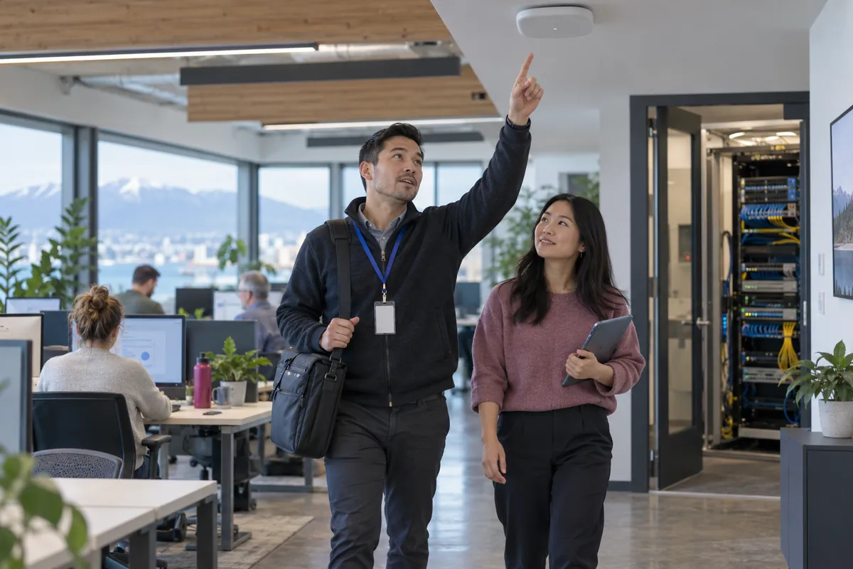 A Digital Allo technician walking a staff member through the office Wi-Fi and network setup.