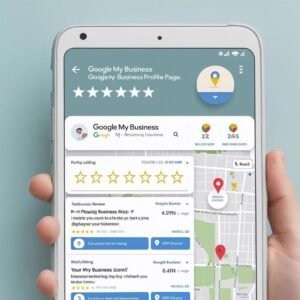 Mobile screen displaying a Google My Business profile with star ratings and map view, showcasing how to use a Google Reviews link in Surrey.